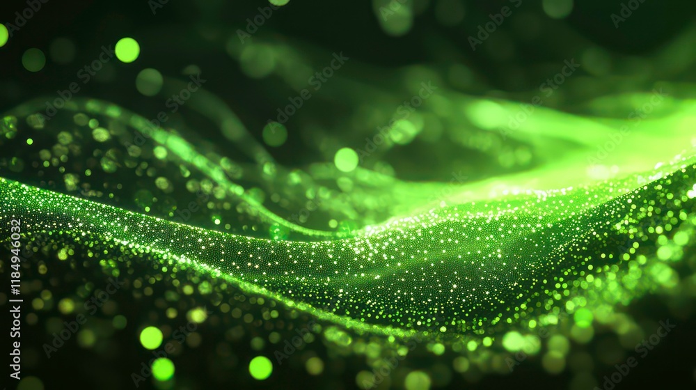 Poster abstract green energy wave background with glowing particles.
