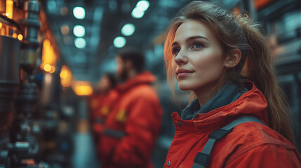 A group of factory workers in bright overalls standing near advanced equipment, ready to collaborate on a task. bright lighting, contrast
