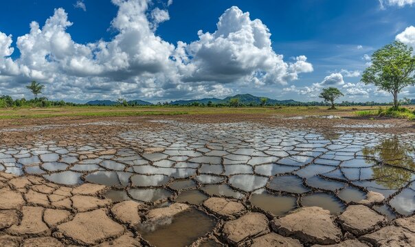 The ground is cracked and dry, indicative of arid conditions or the effects of drought.