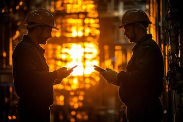 Fototapeta premium Silhouette of workers in helmets, overalls, and gloves, holding tablets and inspecting machinery. bright lighting, contrast