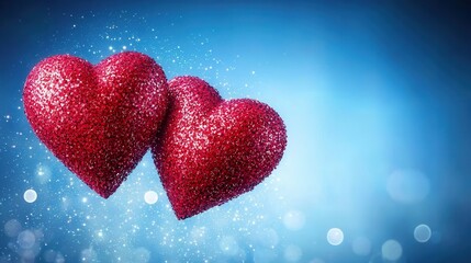 Obraz premium Two red hearts on a blue background with bokeh