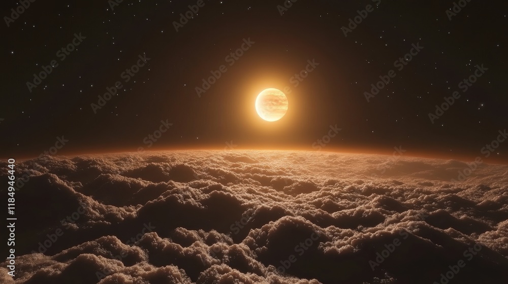 Poster a mesmerizing view of a sun rising over fluffy clouds in a starry space background, creating a seren