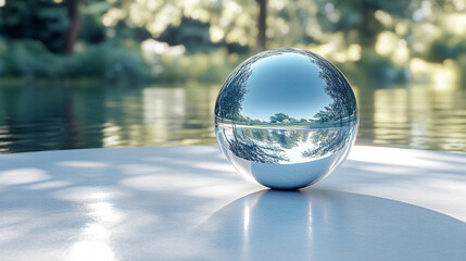 A shiny glass orb on a blank surface, reflecting distorted light, symbolizing perspective and chaos, with empty caption space on the side, inviting contemplation