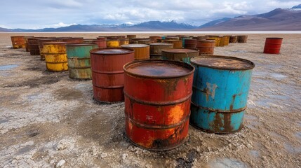 A vivid collection of rusty barrels, in various colors, contrasts against a barren landscape, symbolizing abandoned industrial practices and their ecological impact.