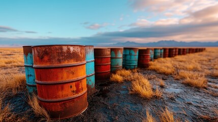 A row of weathered and rusty barrels sits on a desolate plain, evoking thoughts about environmental concerns and the remnants of forgotten industries in nature.
