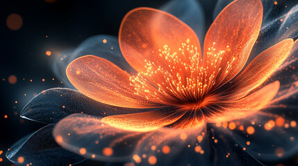 Glowing ethereal flower with sparkling particles radiating elegance and mystery blurred caption space on the side representing life energy growth and the delicate balance of nature

