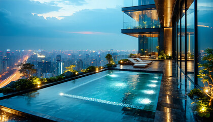 Fototapeta premium A towering penthouse residence with a private rooftop garden, reflective glass panels, and an infini