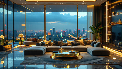 Fototapeta premium A glamorous penthouse with an oversized sectional sofa in muted tones, a polished brass coffee table