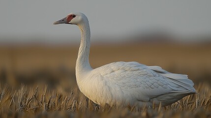 White crane standing in a field.