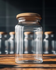 A clear glass jar with a wooden lid, set against a backdrop of multiple jars on a wooden surface.