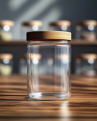 A clear glass jar with a wooden lid, elegantly displayed on a table, offering a minimalist aesthetic.