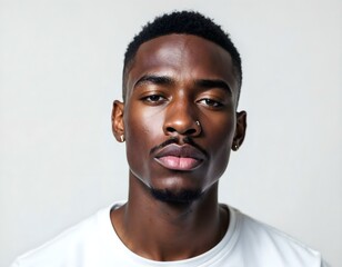 Obraz premium Portrait, young African American man, short black hair, facial hair, intense gaze, white t-shirt, neutral expression, studio lighting