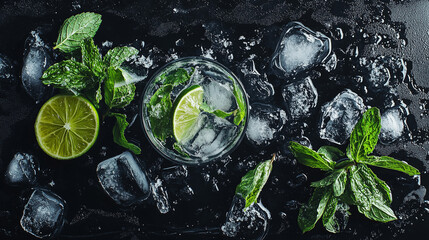 Refreshing mojito cocktail with lime and mint leaves. Summer drink with ice and alcohol isolated on black background and photographed from above. 
