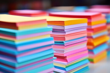 Vibrant stacks of colorful paper showcase organization and creativity, perfect for projects or office supplies