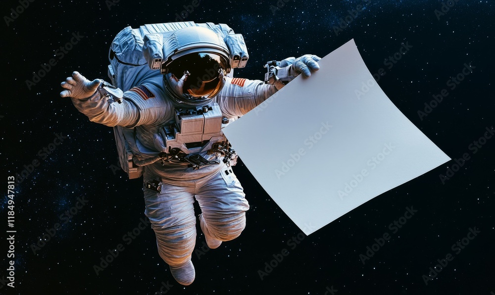 Poster the image features an astronaut floating in outer space, holding a blank paper.