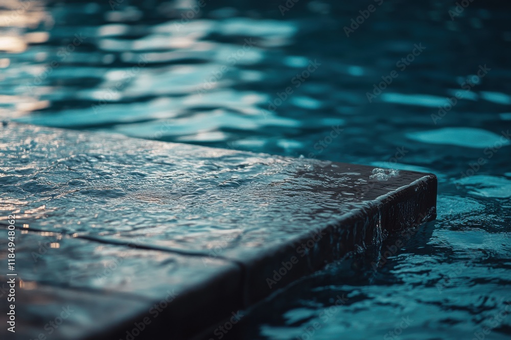 Poster close-up of water cascading over a pool edge, creating a serene and tranquil atmosphere.