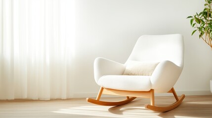 A sleek, modern rocking chair nestled in a bright and airy room filled with natural light. It creates a stylish and serene environment perfect for relaxation and leisure.