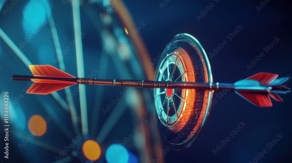 Poster a close-up of a dart hitting the bullseye, showcasing precision and focus in a vibrant setting.
