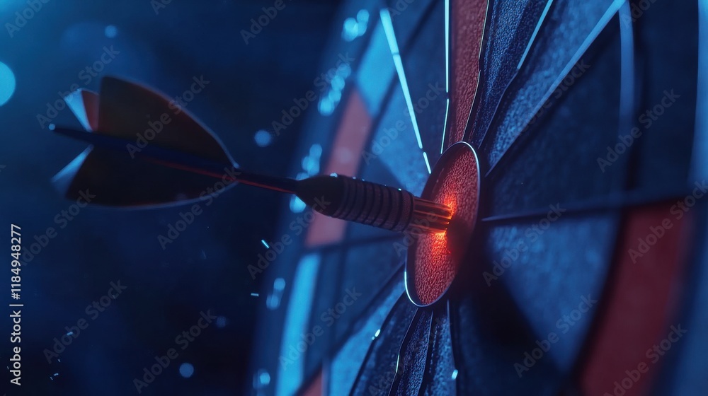Poster a close-up of a dart striking the bullseye on a dartboard, illuminated with blue lighting.