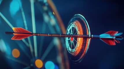 A close-up of a dart hitting the bullseye, showcasing precision and focus in a vibrant setting.
