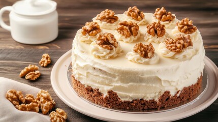 A Delectable Walnut Cake with Whipped Cream and Walnuts - A Sweet Treat for Any Occasion