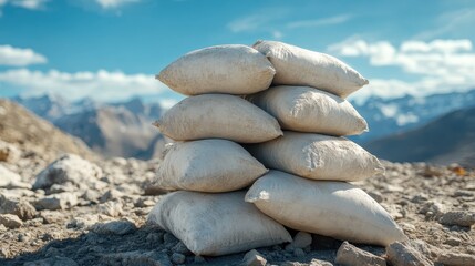 Layered sandbags stacked at a construction site with impressive mountains in the background, representing human endeavor and the integration of landscapes with urban development.