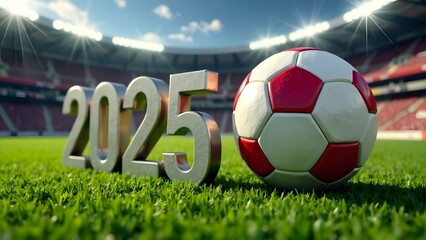 Numbers 2025 with soccer ball on green soccer field in background	