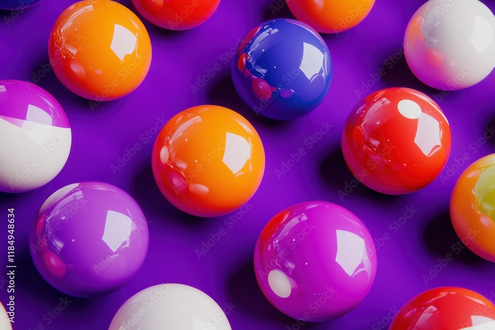 Poster a vibrant arrangement of colorful spheres on a deep purple background, creating a playful and dynami