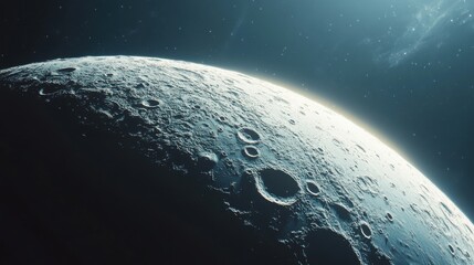 Obraz premium A detailed view of a cratered moon surface against a starry backdrop.