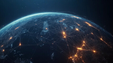 Obraz premium A minimalist wireframe globe with glowing connection lines across continents on a dark blue background.