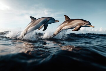 Obraz premium Dolphins jumping through waves ocean wildlife photography seaside aerial view aquatic playfulness