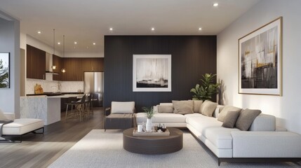 Modern classic black interior with capitone brown leather chester sofa,  floor lamp, coffee table, carpet, wood floor, mouldings. 3d render interior mock up.