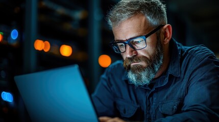 A man with glasses and a beard is intently working on his laptop in a dimly lit server room, surrounded by technology and data connections, emphasizing concentration on his task.