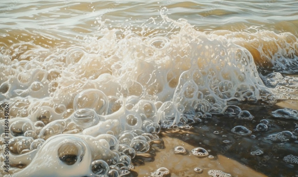 Poster the image is of a body of water with a lot of bubbles and foam. the water appears to be cold and cle