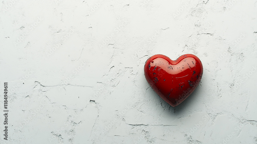 Poster bright red heart shaped decoration on a textured surface in a minimalistic setting