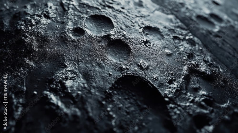 Poster close-up of a textured, dark surface featuring intricate patterns and circular indentations.