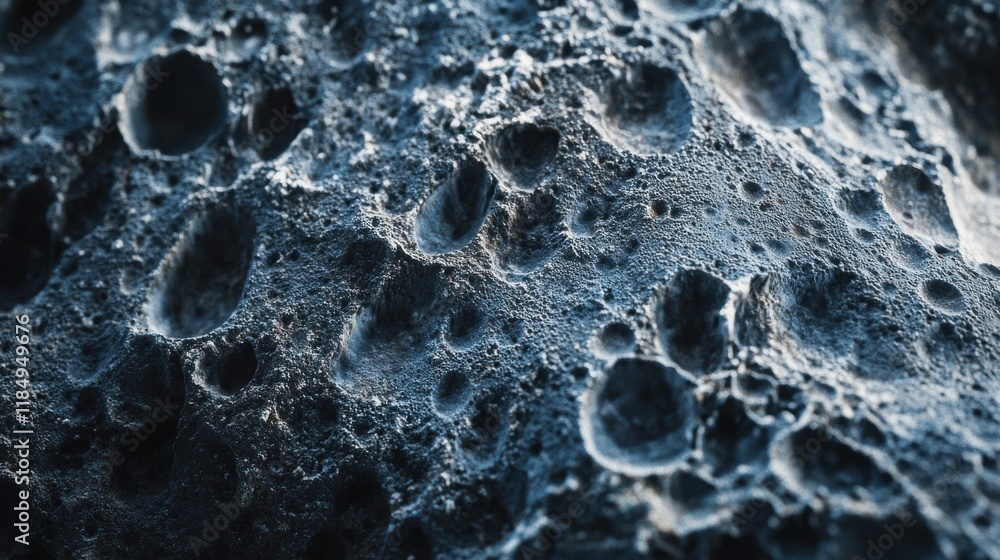 Poster close-up of a textured surface with intricate patterns and depressions resembling lunar terrain.