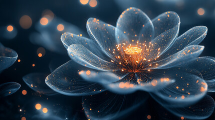 Glowing ethereal flower with sparkling particles radiating elegance and mystery blurred caption space on the side representing life energy growth and the delicate balance of nature

