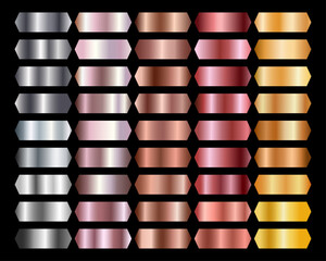 Collection foil. Luxury effect. Background. Ribbon. Set of metal gradients, gold, bronze, copper, silver, white gold, rose gold. Palette. Aluminum. Gradation. Texture chrome