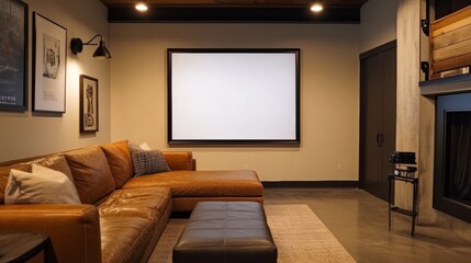 Modern classic black interior with capitone brown leather chester sofa,  floor lamp, coffee table, carpet, wood floor, mouldings. 3d render interior mock up.