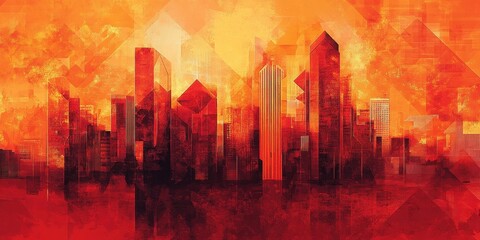 Abstract Cityscape in Fiery Orange and Red Hues