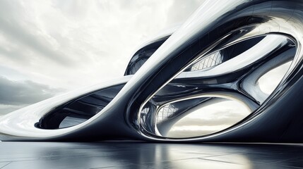 Fototapeta premium Futuristic metallic structure, swirling curves, cloudy sky.
