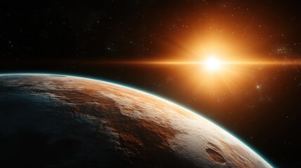 Obraz premium An awe-inspiring view of a distant planet illuminated by the radiant sun, showcasing the beauty of cosmic phenomena and the vastness of space beyond Earth.