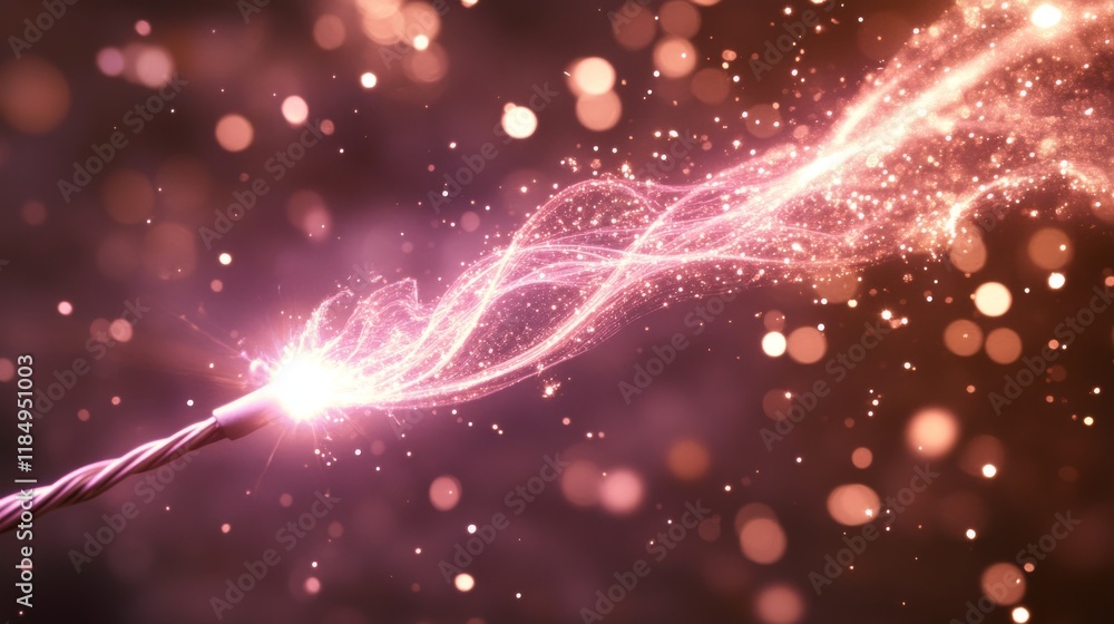 Poster fairy pink light trail from magic wand with dust and bright flash. realistic vector set of abstract 