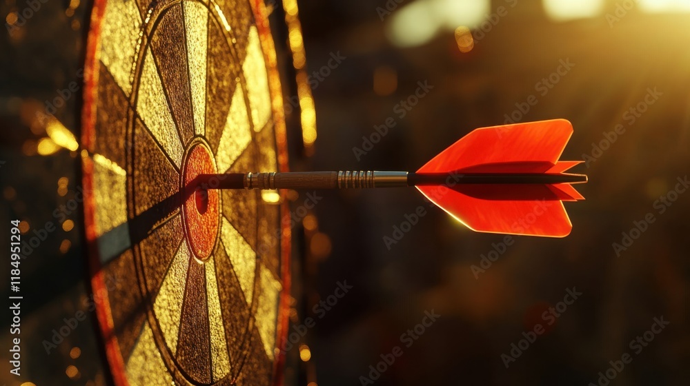 Poster a close-up of a bright red dart embedded in the bullseye of a dartboard, bathed in warm sunset light