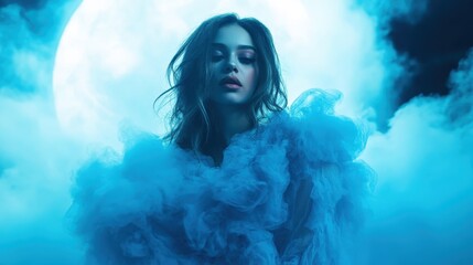 A mysterious woman enveloped in blue haze stands confidently in front of a glowing moon, blending elegance with an ethereal, dreamlike atmosphere.