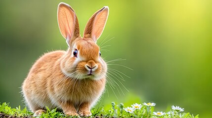 Fototapeta premium A small brown rabbit sitting in the grass with daisies