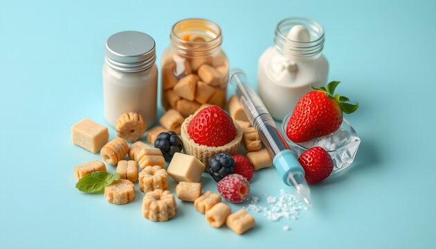 Insulin penfill use for treatment DM patients.Assortment of unhealthy products that's bad for diabetes patient.Too many sweets dessert cause of uncontrolled  blood sugar or diabetes mellitus isolate