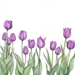 Fototapeta premium Іllustration of Elegant Purple Tulips with Lush Green Leaves on a White Background.