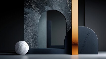 A black and white photo of a marble and a gold colored object